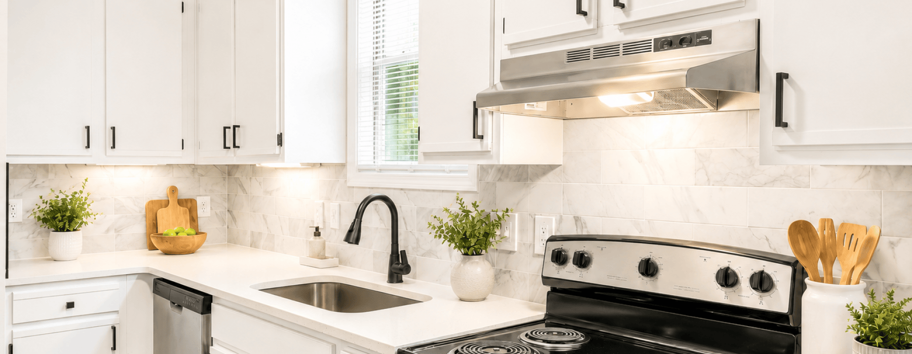 Modern apartment kitchen with white cabinets, stainless steel appliances, and quartz countertops.