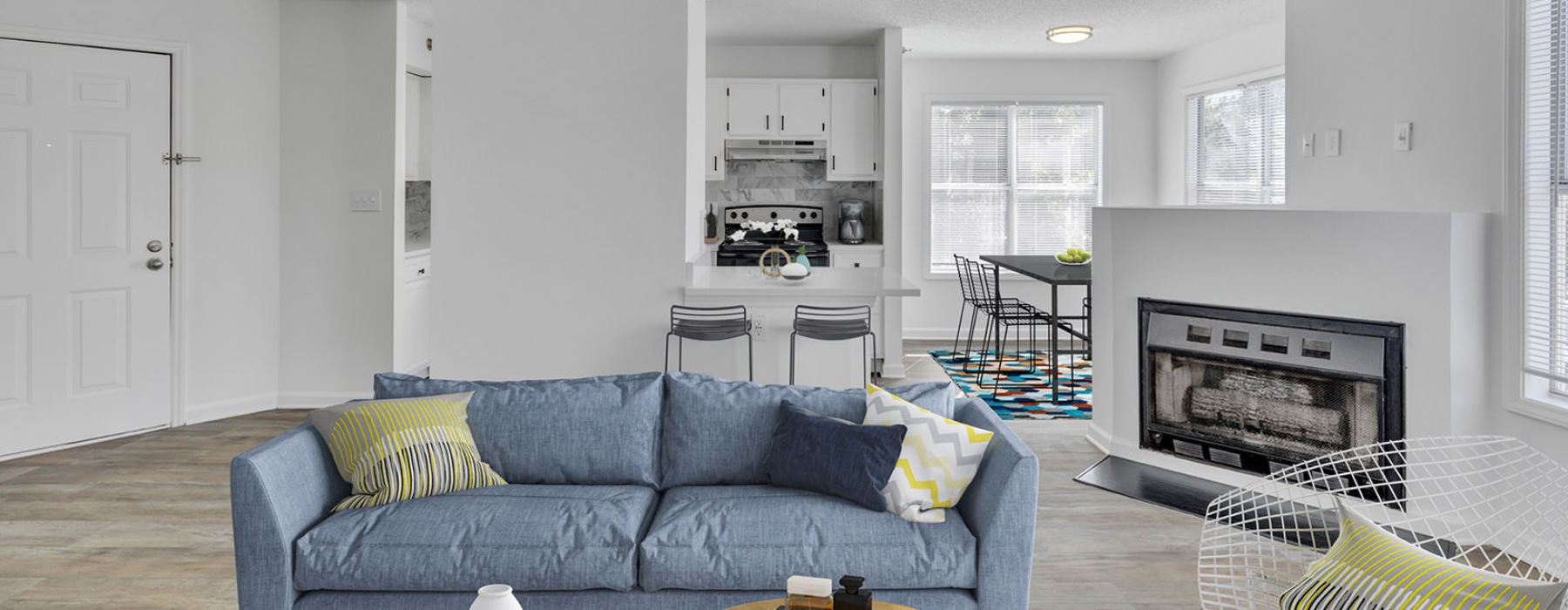 bright living room with fireplace